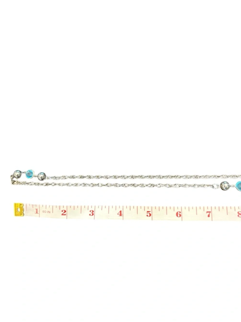 Silver Tone Long Necklace Round‎ Turquoise Crystals 25” Continuous Long Chain